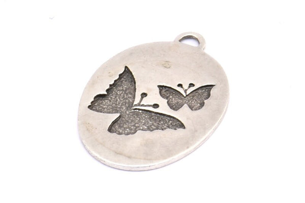 Silver Butterfly Charm, 1 Antique Silver Plated Brass Butterfly Textured Oval Charm With 1 Loop, Blanks (39x27x1.2mm) E223