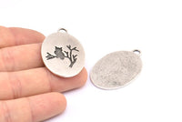 Silver Owl Charm, 1 Antique Silver Plated Brass Owl Textured Oval Charms With 1 Loop, Blanks (39x25x1.2mm) E217