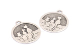 Silver Brass Cat Charm, 2 Antique Silver Plated Brass Cat Textured Round Tag Charms With 1 Loop, Blanks (33x29x1.1mm) E227