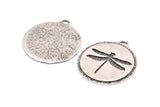 Silver Dragonfly Charm, 2 Antique Silver Plated Brass Dragonfly Textured Round Tag Charms With 1 Loop, Blanks (33.5x29.5x1.2mm) E230