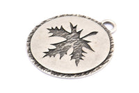 Silver Leaf Charm, 2 Antique Silver Plated Brass Leaf Textured Round Tag Charms With 1 Loop, Blanks (33.5x29.5x1.2mm) E231