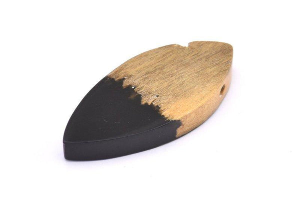 Resin&Wood Marquise Pendant, 1 Black Brown Marquise Pendant with 2 Holes (45x21mm) X095