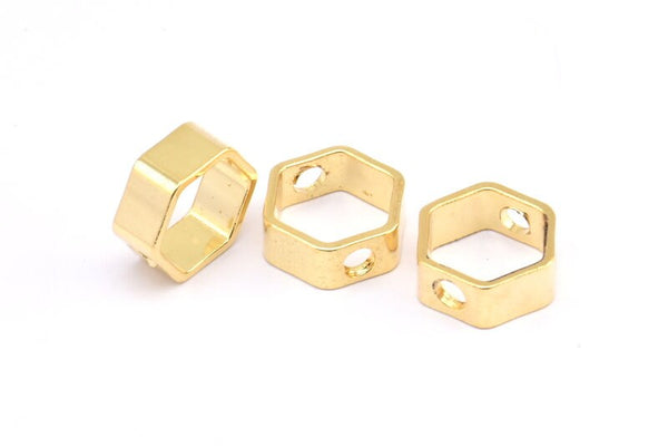 Gold Hexagon Charm, 4 Gold Plated Brass Hexagon Ring Charms With 2 Holes (12x5x1mm) BS 2183 Q0582