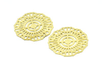 Brass Round Charm, 3 Raw Brass Textured Ethnic Motif Charms, Earrings, Pendants, Findings (36mm) V126