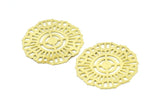 Brass Round Charm, 3 Raw Brass Textured Ethnic Motif Charms, Earrings, Pendants, Findings (36mm) V126
