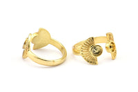 Gold Ring Settings, 1 Gold Plated Brass Half Moon Ring With 2 Stone Setting - Pad Size 4mm E635 Q0638