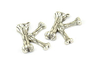Bamboo K Letter, 3 Antique Silver Plated Brass Bamboo K Letter Alphabets, Initials, Uppercase, Rustic Style Letter Initial Pendants