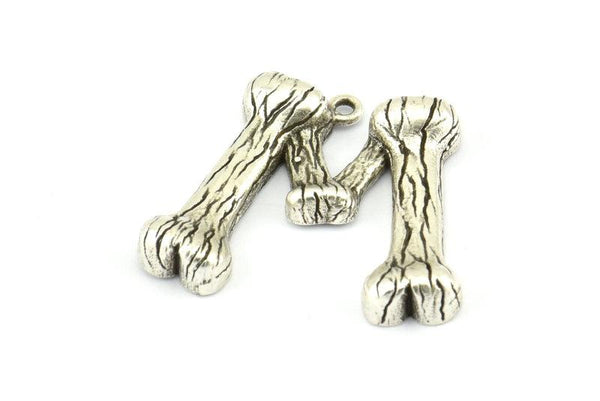Bamboo M Letter, 3 Antique Silver Plated Brass Bamboo M Letter Alphabets, Initials, Uppercase, Rustic Style Letter Initial Pendants