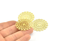 Brass Round Charm, 3 Raw Brass Textured Ethnic Motif Charms, Earrings, Pendants, Findings (36mm) V125