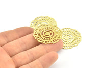 Brass Round Charm, 3 Raw Brass Textured Ethnic Motif Charms, Earrings, Pendants, Findings (36mm) V126