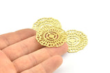 Brass Round Charm, 3 Raw Brass Textured Ethnic Motif Charms, Earrings, Pendants, Findings (36mm) V126
