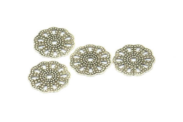 Silver Filigree Bead, 25 Antique Silver Plated Brass Filigree Bead Caps With 1 Hole, Disc, Findings (16mm) Brs 118 A0478