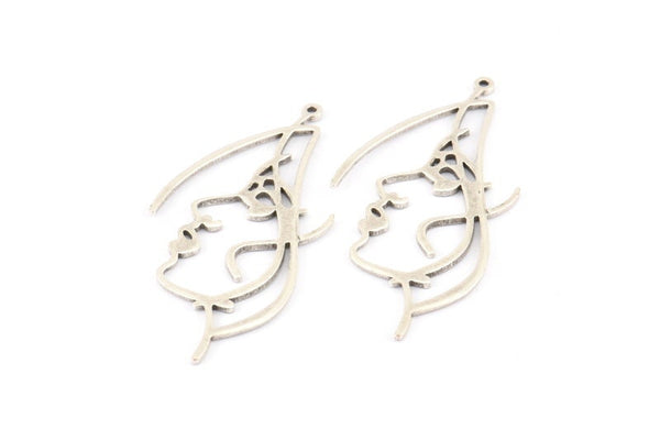 Silver Face Charm, 8 Antique Silver Plated Brass Face Charms With 1 Loop, Pendants, Earrings, Findings (50x25x1mm) D0624 H0724