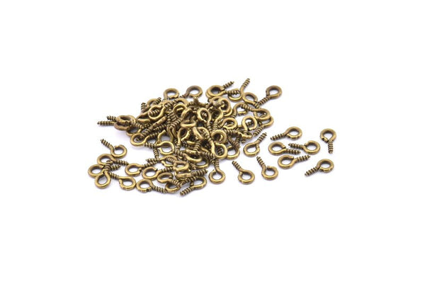 Screw Eye Pin, 100 Antique Brass Screw Hook Eye Pins (8x4mm) A1050