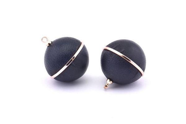Brass Ball Charm, 2 Lamb Leather Covered Brass Ball Connectors With 1 Loop, Earrings, Pendants, Findings (23x20mm) B24