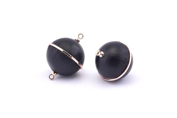 Brass Ball Charm, 2 Lamb Leather Covered Brass Ball Connectors With 2 Loops, Earrings, Pendants, Findings (26x20mm) B24