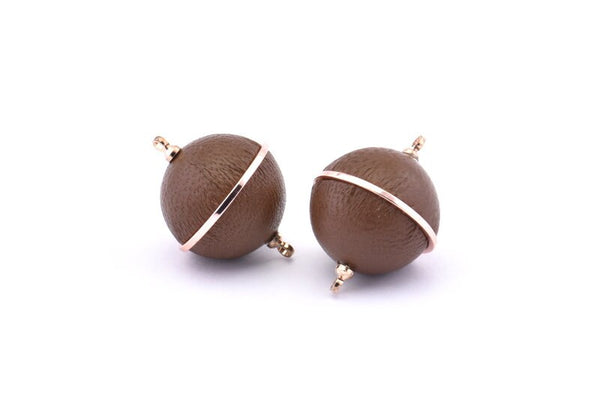 Brass Ball Charm, 2 Lamb Leather Covered Brass Ball Connectors With 2 Loops, Earrings, Pendants, Findings (26x20mm) B25