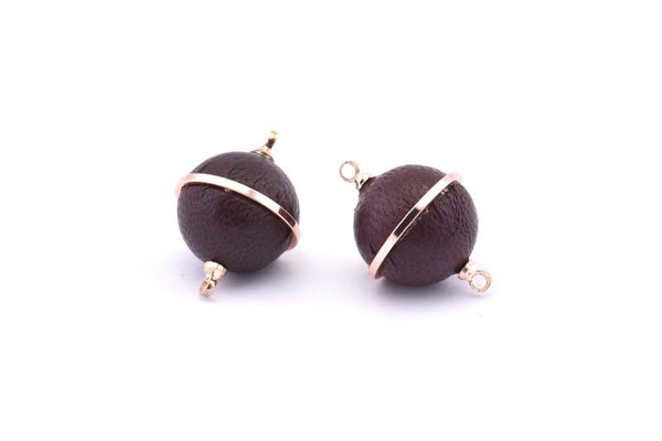 Brass Ball Charm, 2 Lamb Leather Covered Brass Ball Connectors With 2 Loops, Earrings, Pendants, Findings (22x16mm) B26