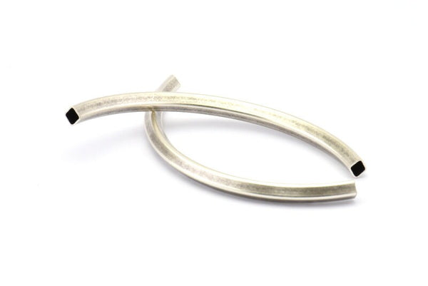 Silver Curved Tubes, 2 Antique Silver Plated Brass Square Oval Tubes (95x5x5mm) Sq20 BRC275 H0682