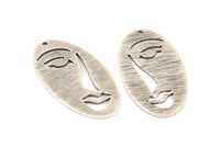 Silver Face Charm, 8 Antique Silver Plated Brass Textured Face Charms With 1 Hole, Pendants, Earrings, Findings (38x19x0.80mm) D0650 H0699