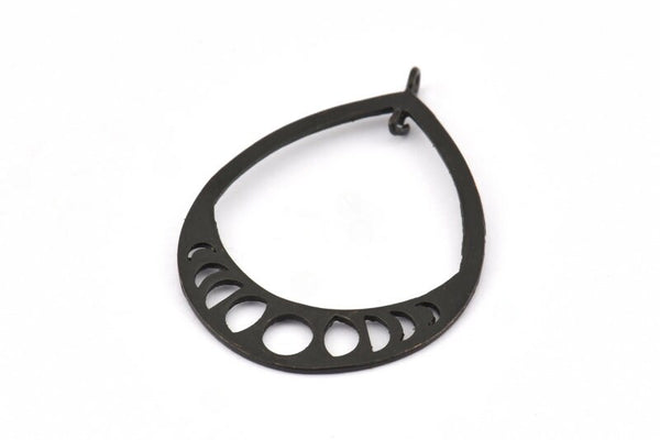 Siyah Damla Küpe, 2 Oksitlenmiş Pirinç Siyah Dokulu Ay Evreleri Damla Küpe, 2 Halka, Tılsımlar, Kolye Uçları (47x34x1mm) R089 S866