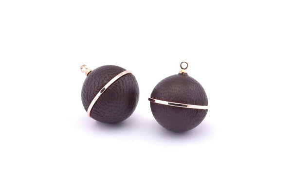 Brass Ball Charm, 2 Lamb Leather Covered Brass Ball Connectors With 1 Loop, Earrings, Pendants, Findings (23x19mm) B34