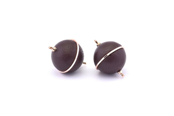 Brass Ball Charm, 2 Lamb Leather Covered Brass Ball Connectors With 2 Loops, Earrings, Pendants, Findings (27x20mm) B34