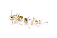 Stainless Steel Post, 50 Raw Brass Earring Posts With Gluing Pin Bowl Pad (15mm) D940