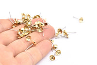Stainless Steel Post, 50 Raw Brass Earring Posts With Gluing Pin Bowl Pad (15mm) D940