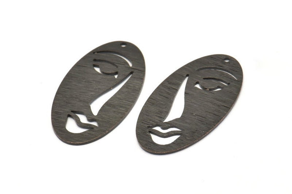 Black Face Charm, 8 Oxidized Black Brass Textured Face Charms With 1 Hole, Pendants, Earrings, Findings (38x19x0.80mm) D0650 S917