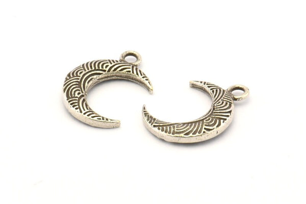 Silver Moon Charm, 4 Antique Silver Plated Brass Textured Horn Charms, Pendant, Jewelry Finding (19x6x4mm) N0273
