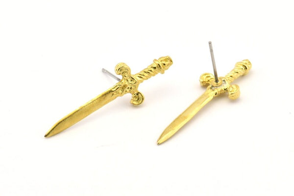 Knight&#39;s Sword Earring, 4 Raw Brass Sword Stud Earrings (33x10mm) N0248 A1177