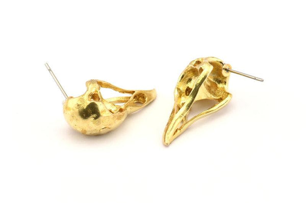 Brass Bird Earring, 200 Raw Brass Bird Skull Stud Earrings (26x11x6mm) N0958