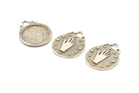 Gümüş El Kolye, 2 Antik Gümüş Kaplama Pirinç Yuvarlak El Kolye, Küpe, Bulgular (28x23mm) N0877 H0890
