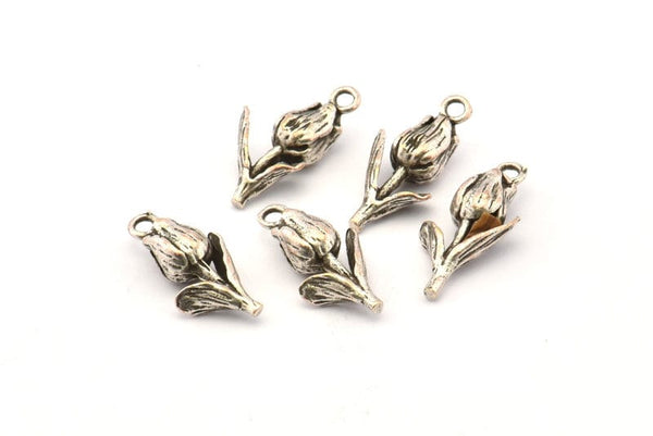 Silver Rose Charm, 6 Antique Silver Plated Brass Flower Charm Earrings With 1 Loop, Pendants, Findings (18x8mm) N0868