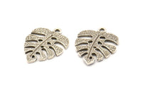 Silver Monstera Charm, 4 Antique Silver Plated Brass Textured Monstera Leaf Charms With 1 Loop, Earrings, Findings (25x18x1.4mm) N0752 H0911