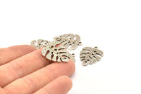 Silver Monstera Charm, 4 Antique Silver Plated Brass Textured Monstera Leaf Charms With 1 Loop, Earrings, Findings (25x18x1.4mm) N0752 H0911
