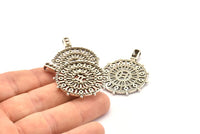 Silver Gobeklitepe Pendant, Antique Silver Plated Brass Gobeklitepe Archaeological Stone Pendants With 1 Loop (41x33mm) N0804 H0948