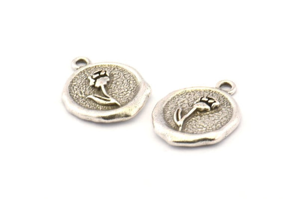 Silver Rose Charm, 2 Antique Silver Plated Brass Flower Charm Earrings With 1 Loop, Pendants, Findings (15x16mm) N0884