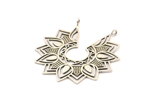 Silver Ethnic Pendant, 2  Antique Silver Plated Brass Ethnic Motif Pendants With 2 Loops, Findings, Earrings, Charms (43x46mm) N0875 H0971