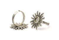 Silver Ring Settings, 2 Antique Silver Plated Brass Sun Ring With 1 Stone Setting - Pad Size 6mm N0838 H0981
