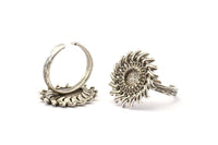Silver Ring Settings, Antique Silver Plated Brass Sunflower Ring With 1 Stone Setting - Pad Size 6mm N0837