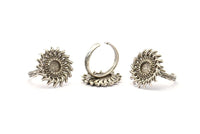 Silver Ring Settings, Antique Silver Plated Brass Sunflower Ring With 1 Stone Setting - Pad Size 6mm N0837