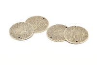 Silver Round Tag, 4 Antique Silver Plated Brass Textured Round Stamping Blanks With 2 Holes, Connectors, Findings (21x1mm) D0760 H0844