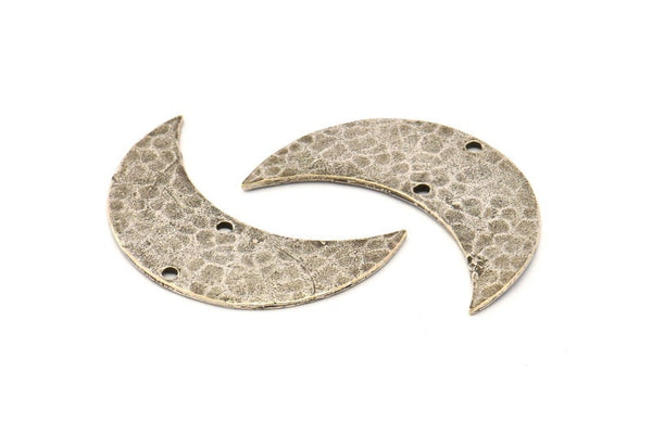 Silver Moon Charm, Hammered Antique Silver Plated Brass Moons with 2 Holes, Necklace Horn Charm (40x15x1mm) N0934
