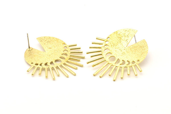 Brass Moon Earring, 2 Textured Raw Brass Moon Phases Stud Earrings (39x41x1mm) N1014