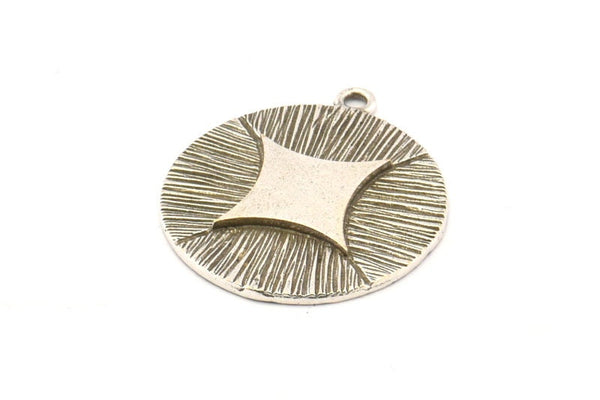 Silver Badge Charm, 2 Antique Silver Plated Brass Rosette Charm Pendants With 1 Loop, Earrings, Findings (25mm) N0788 H0917
