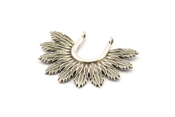 Silver Leaf Charm, 2 Antique Silver Plated Brass Leaf Charm Pendants With 2 Loops Earrings, Findings (33x25mm) N0820 H0935