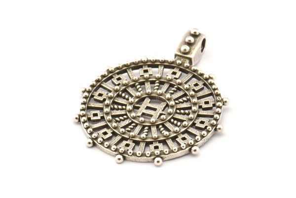 Silver Gobeklitepe Pendant, Antique Silver Plated Brass Gobeklitepe Archaeological Stone Pendants With 1 Loop (41x33mm) N0804 H0948