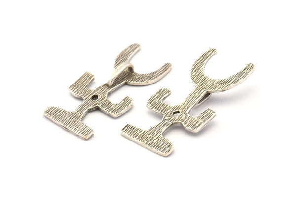 Silver Gobeklitepe Pendant, 2 Antique Silver Plated Brass Gobeklitepe Archaeological Stone Pendants With 1 Loop (40x19x1.2mm) N0792 H0965